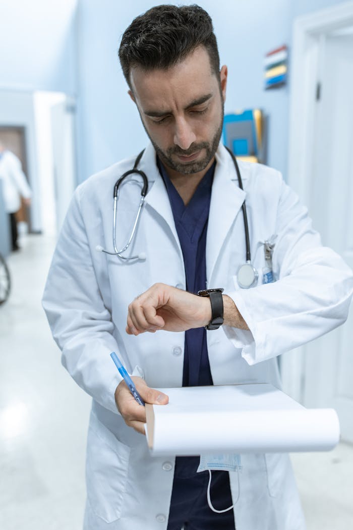 Male doctor in white coat checking watch while holding a clipboard in hospital corridor.