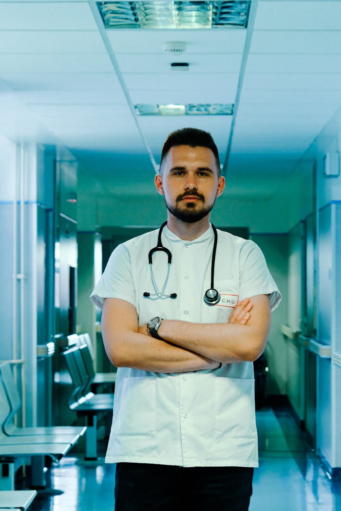 A medical professional with a stethoscope stands confidently in a hospital hallway.